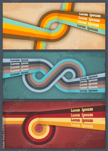 Retro banners, vector geometric backgrounds of abstract circles, grunge stripes and lines, infinity symbol or endless loop with halftone effect. Vintage posters, brochures or cards with text layouts