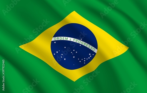 Brazil flag, vector brazilian official symbol of green and yellow colors with blue globe, stars and line. Realistic Brazilian federative republic country national flag waving fabric waves 3d texture