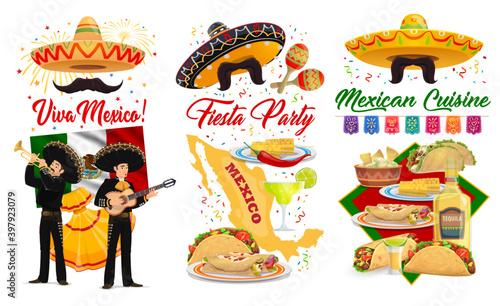 Viva Mexico and Cinco de Mayo vector banners with Mexican holiday fiesta party sombreros, maracas and guitars. Mariachi, flag of Mexico and tequila, tacos, burritos and guacamole, greeting card design
