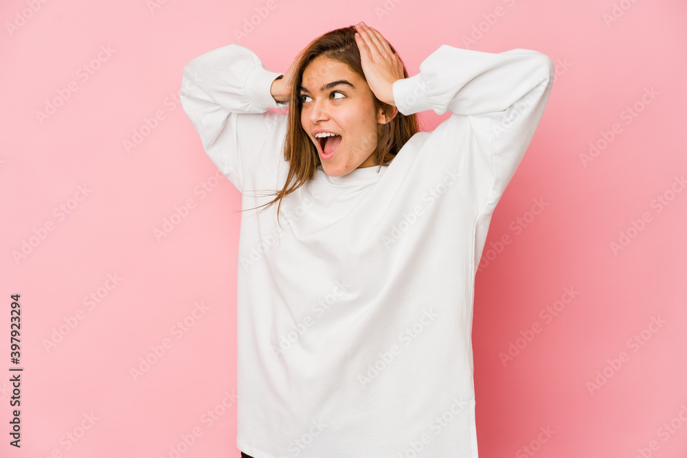 Young skinny caucasian teenager girl screaming, very excited, passionate, satisfied with something. Young skinny caucasian teenager girl screaming, very excited, passionate, satisfied with something.