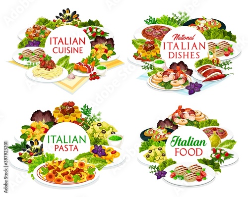 Italian cuisine vector dishes melon horned with ham, Italian meatballs and cannelloni, salad with mozzarella. Spaghetti with bolognese, farfalle, focaccia with ham and cheese, funghetto round frames