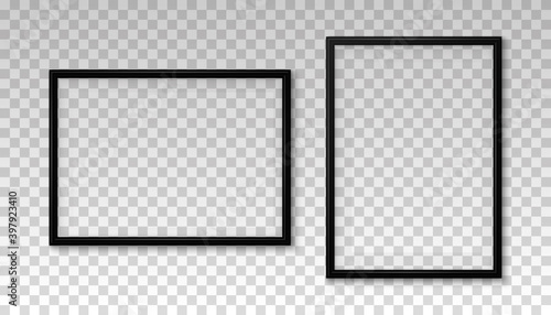 3D frames. Black frame isolated on background. Realistic modern borders. Black simple boarders with shadow for design picture, presentation, mockup, photo, poster, restaurant menu. Set boards. Vector