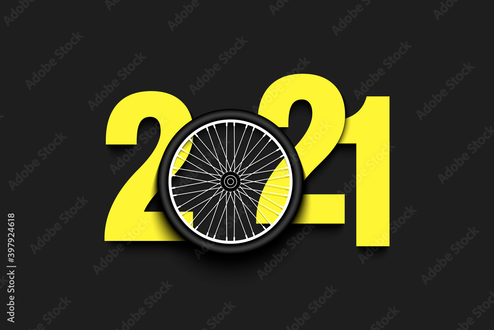 New Year numbers 2021 and bicycle wheel on an isolated background. Creative design pattern for greeting card, banner, poster, flyer, party invitation, calendar. Vector illustration