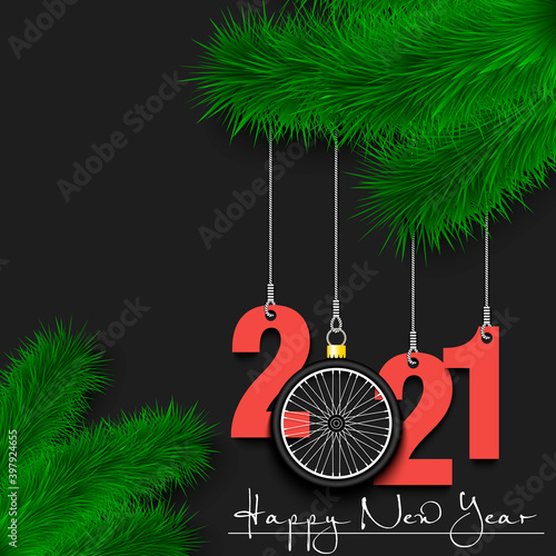 Happy New Year. Numbers 2021 and bicycle wheel as a Christmas decorations hanging on a Christmas tree branch. Design pattern for greeting card, banner, poster, flyer, invitation. Vector illustration