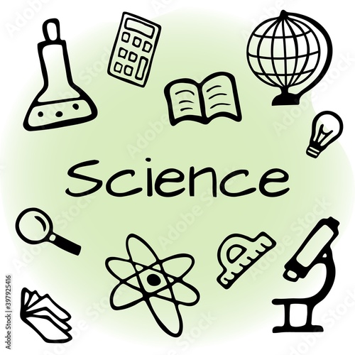 Hand drawn science design set. Doodle style vector illustration isolated on color background.