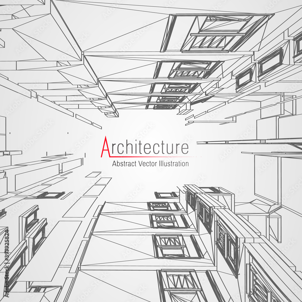 Fototapeta premium Architecture line background. Building construction sketch vector abstract. Modern city 3d project. Technology geometric grid. Wire blueprint house. Digital architect innovation wireframe.