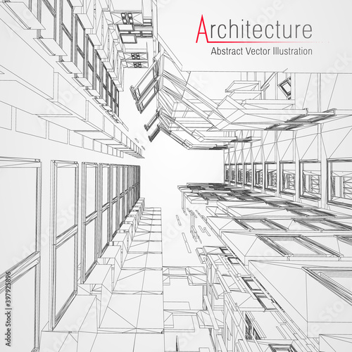 Architecture line background. Building construction sketch vector abstract. Modern city 3d project. Technology geometric grid. Wire blueprint house. Digital architect innovation wireframe.