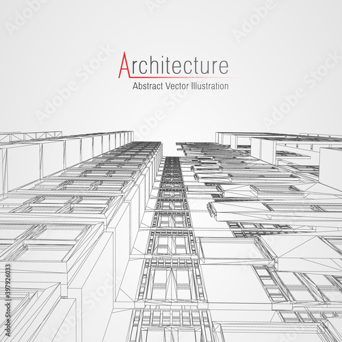 Architecture line background. Building construction sketch vector abstract. Modern city 3d project. Technology geometric grid. Wire blueprint house. Digital architect innovation wireframe.