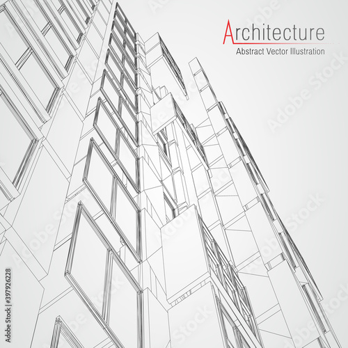Architecture line background. Building construction sketch vector abstract. Modern city 3d project. Technology geometric grid. Wire blueprint house. Digital architect innovation wireframe.
