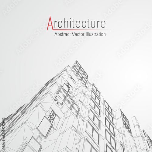 Architecture line background. Building construction sketch vector abstract. Modern city 3d project. Technology geometric grid. Wire blueprint house. Digital architect innovation wireframe.
