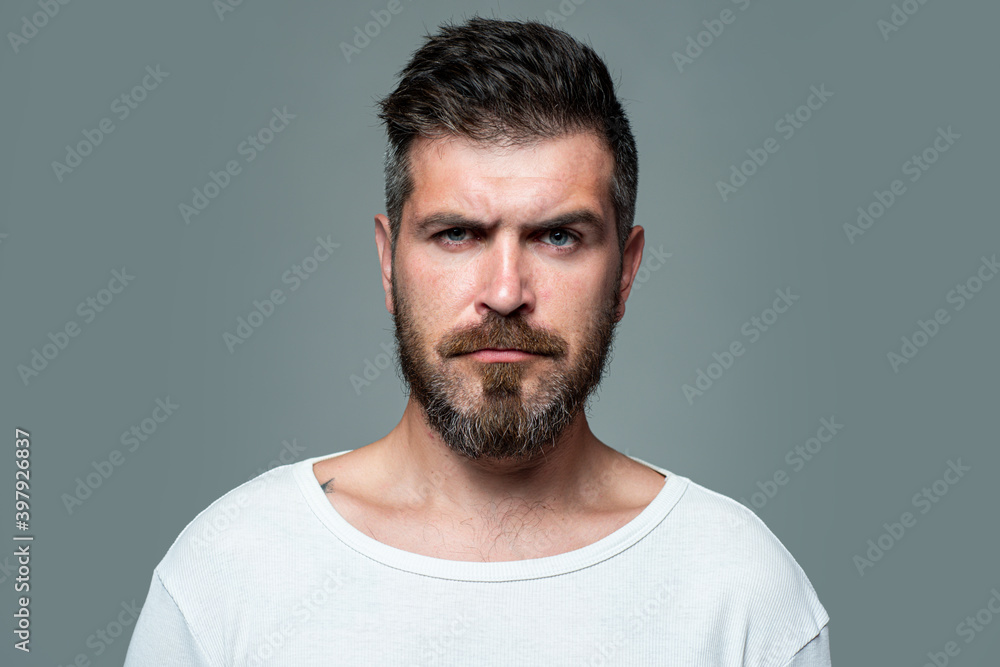 Fototapeta premium Hipster man models in studio. Businessman thinking with expression looking. Handsome male model, closeup face.