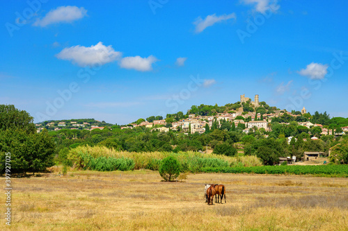 Summer landscape with view on ancient perched mediterranean village Grimaud with ruins of old castle near Gulf of Saint Tropez, Var, Provence, France