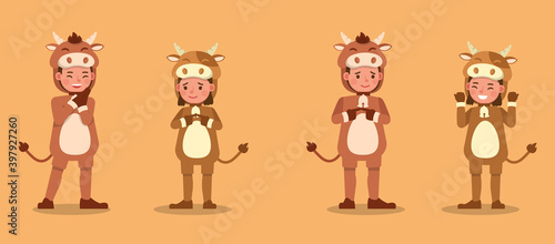Fototapeta Naklejka Na Ścianę i Meble -  Boy and girl wearing cow costumes character vector design. Presentation in various action with emotions. no9