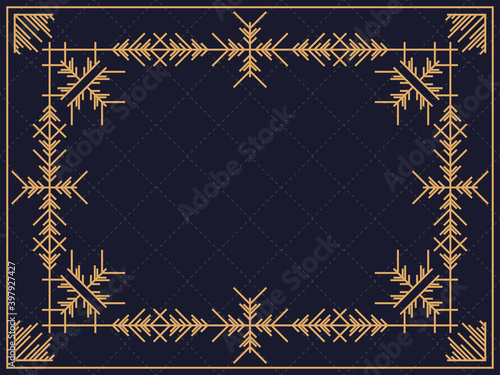 Christmas frame in art deco style with snowflakes. Line art vintage linear border. Design a template for invitations, leaflets and greeting cards. The style of the 1920s - 1930s. Vector illustration