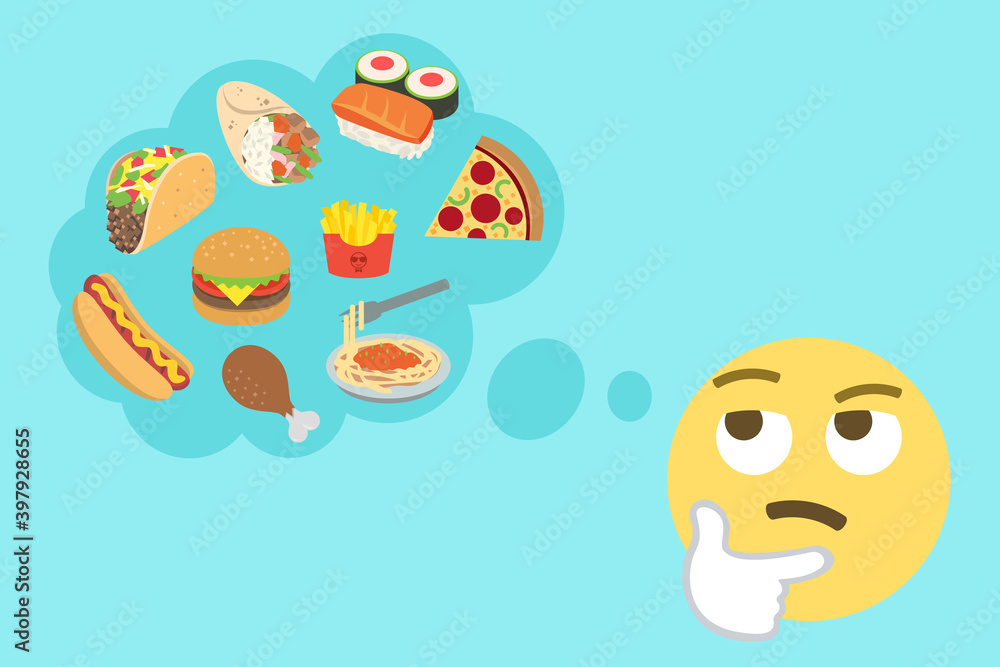 thinking face emoji with thought bubble and pizza,hamburger,french fries,poultry leg,spaghetti