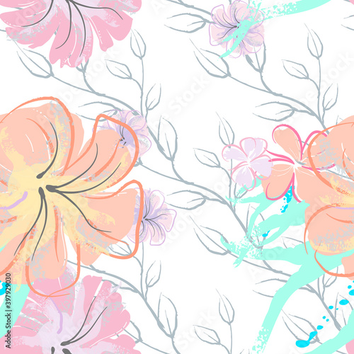 Wallpaper Mural Pink Flowers Blooming Pattern. Pastel Watercolor. Torontodigital.ca