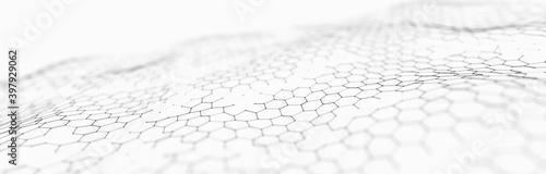 Futuristic white hexagon background. Futuristic honeycomb concept. Wave of particles. 3D rendering.