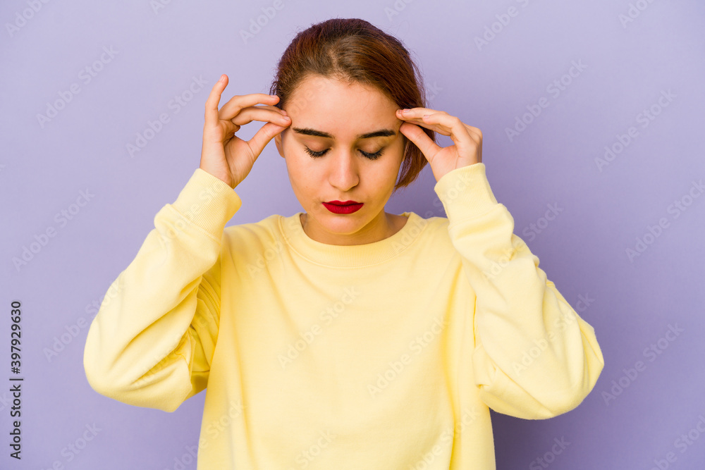Young arab mixed race woman touching temples and having headache. Young arab mixed race woman touching temples and having headache.