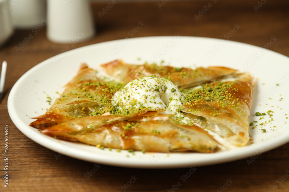 Traditional Turkish dessert with pistachio (katmer) 