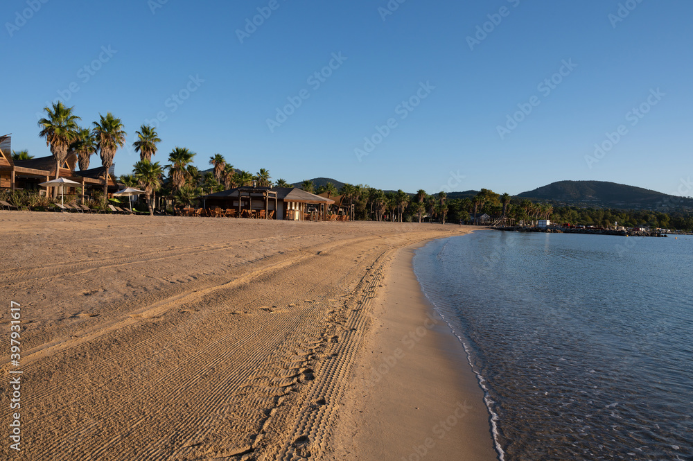 Sandy beach of Port-Grimaud, Gulf of Saint-Tropez in summer, Var, French Riviera, France Sandy beach of Port-Grimaud, Gulf of Saint-Tropez in summer, Var, French Riviera, France