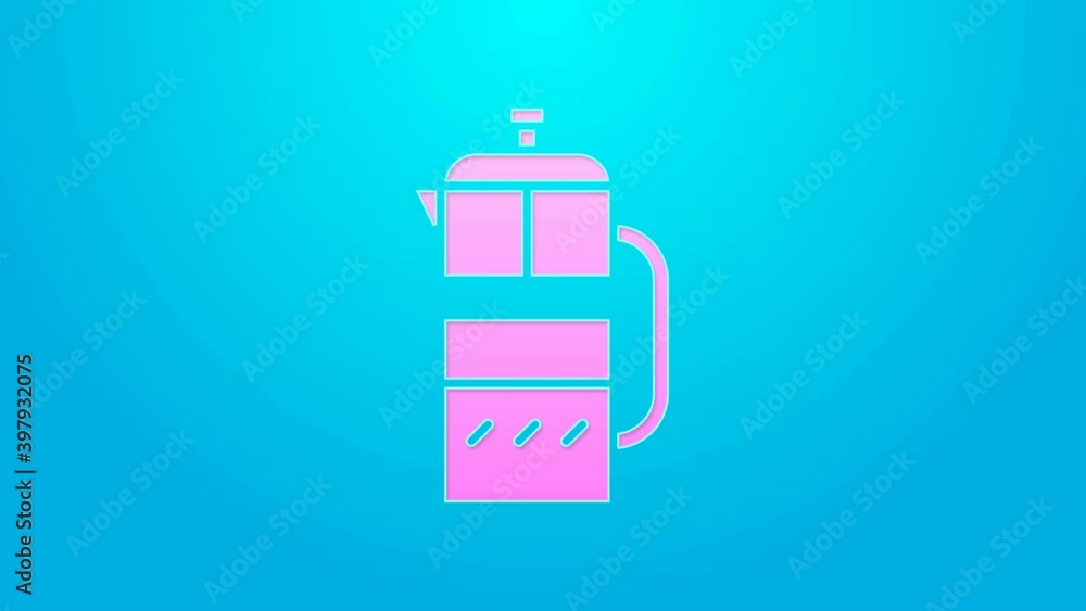 Pink line French press icon isolated on blue background. 4K Video motion graphic animation Pink line French press icon isolated on blue background. 4K Video motion graphic animation