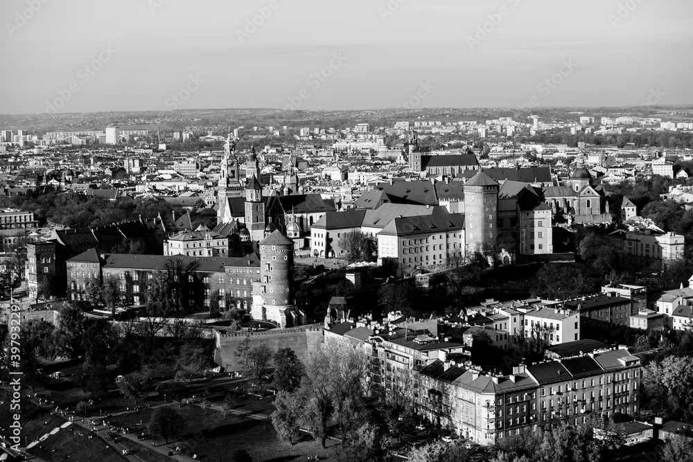 Aerial view of the cener of Krakow, Poland. Black and white photo.