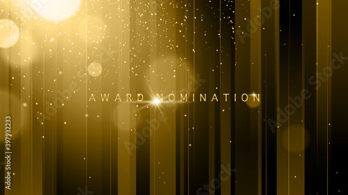 Award nomination ceremony luxury background with golden glitter sparkles, lines and bokeh. Vector presentation shiny poster. Film or music festival poster design template.