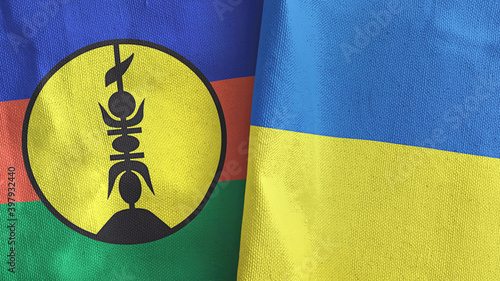 Ukraine and New Caledonia two flags textile cloth 3D rendering