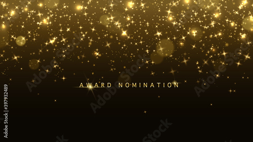 Award nomination ceremony luxury background with golden glitter sparkles and bokeh. Vector presentation shiny poster. Film or music festival poster design template.