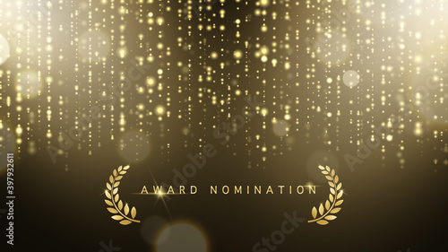 Award nomination ceremony luxury background with golden glitter sparkles, laurel wreath and bokeh. Vector presentation shiny poster. Film or music festival poster design template.