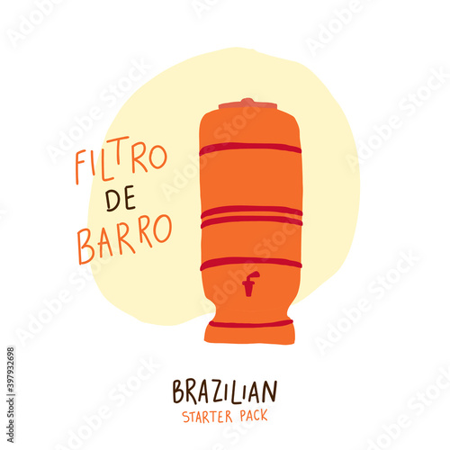 Filtro de barro. Brazilian Portuguese Hand Lettering Calligraphy with drawings. Brazilian Starter Pack. Vector.