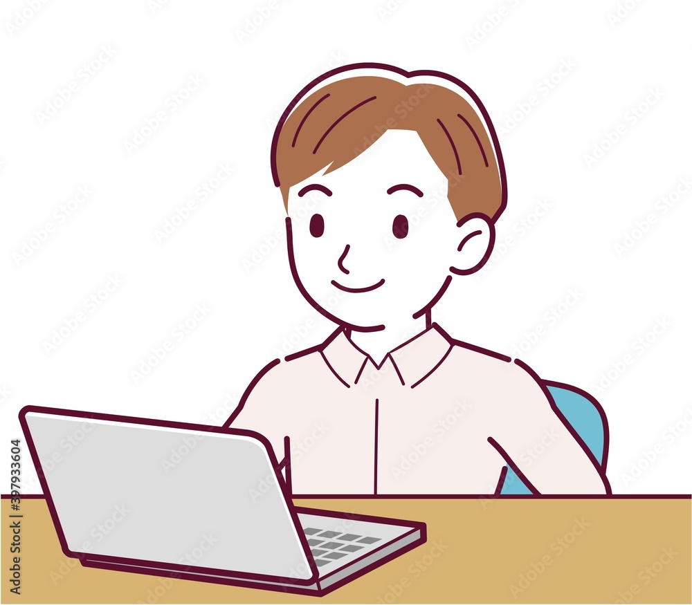 A man in a pink shirt using a computer A man in a pink shirt using a computer