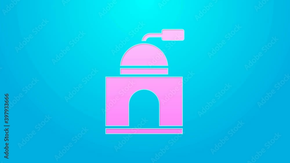 Pink line Manual coffee grinder icon isolated on blue background. 4K Video motion graphic animation Pink line Manual coffee grinder icon isolated on blue background. 4K Video motion graphic animation