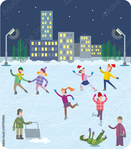 Active winter fun. Cheerful happy people go ice skating on the ice rink on the background of the city. Winter festivities in the city park. Flat infographics. Vector illustration..