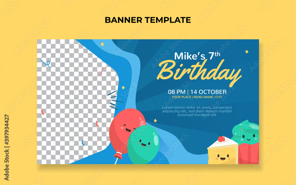 Kids birthday banner template. Suitable for birthday invitation or any