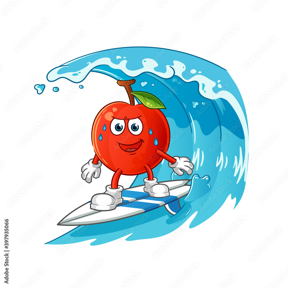 Cherry surfing on the wave character. cartoon mascot vector Cherry surfing on the wave character. cartoon mascot vector