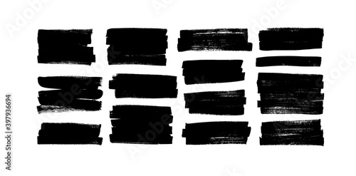 Vector black paint, ink brush strokes, rectangular shapes. Dirty grunge design elements, rectangle or background for text. Grungy black smears or rough lines. Hand drawn grunge ink illustration 