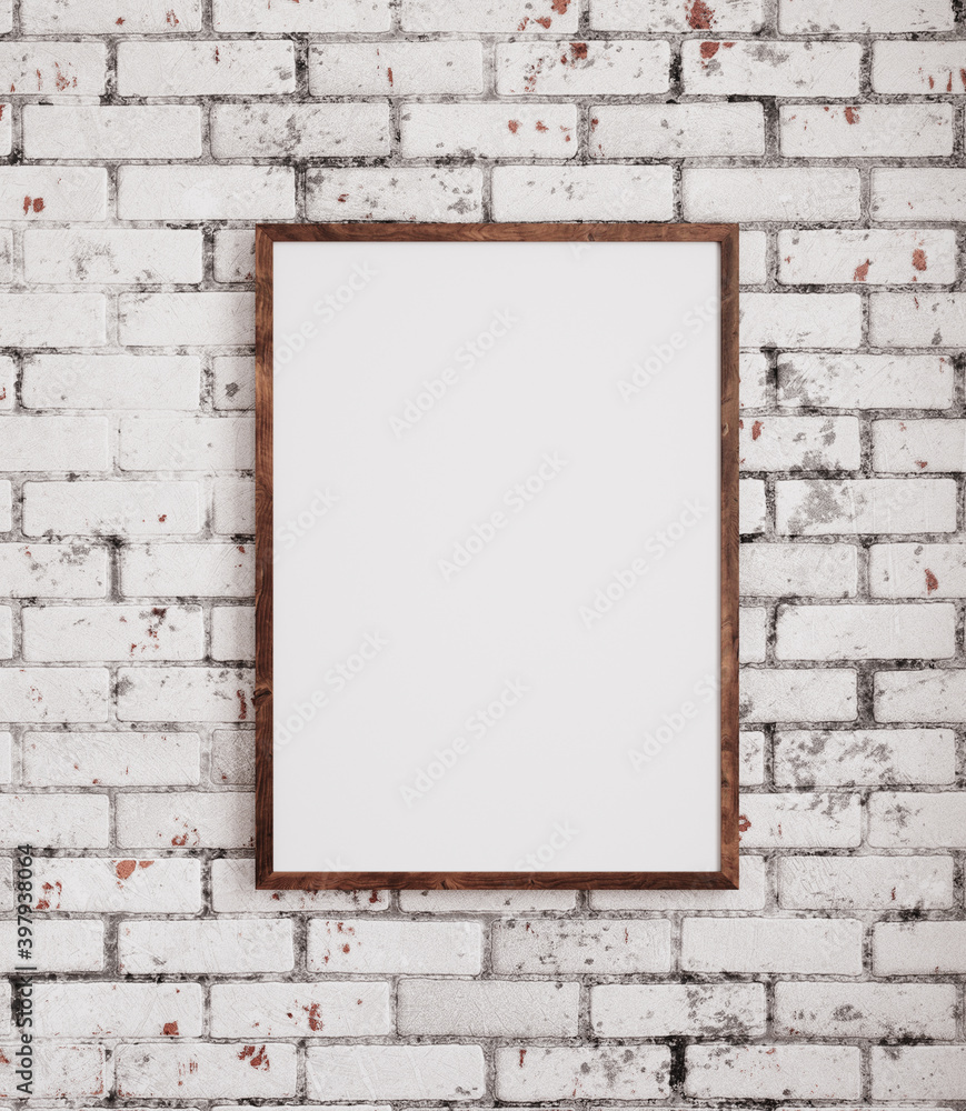 Mockup poster frame close up on old brick wall, 3d render Mockup poster frame close up on old brick wall, 3d render