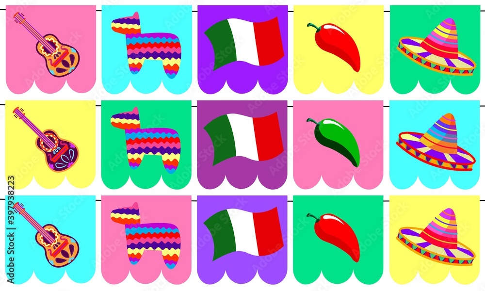 Variedad de elementos de la cultura mexicana en distintos colores