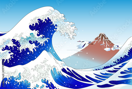 浮世絵的風景、富士山と大波と鶴