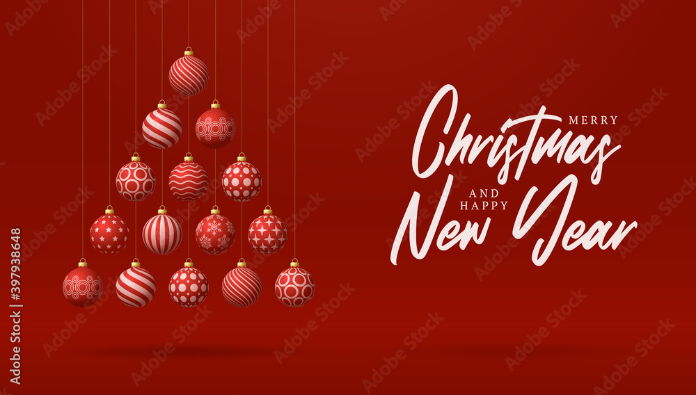 Christmas and new year greeting card. Creative Xmas tree made by shiny red balls on red background for Christmas and New. Christmas and new year greeting card. Creative Xmas tree made by shiny red balls on red background for Christmas and New.