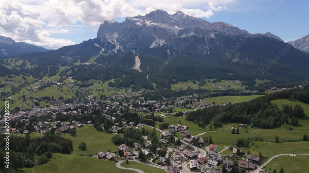Aerial View Of Cortina d'Ampezzo Valley With Dolomite Mountain Landscape, Italy Aerial View Of Cortina d'Ampezzo Valley With Dolomite Mountain Landscape, Italy