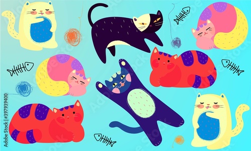 Patrón de gatos en distintas posiciones, formas y colores