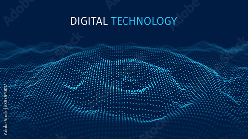 Particles structure backdrop for research article. HUD elements. Blockchain, artificial intelligence, big data technology. Data base, hybrid energy and binary code. Vector illustration