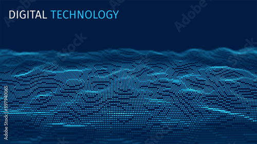 Particles structure backdrop for research article. HUD elements. Blockchain, artificial intelligence, big data technology. Data base, hybrid energy and binary code. Vector illustration