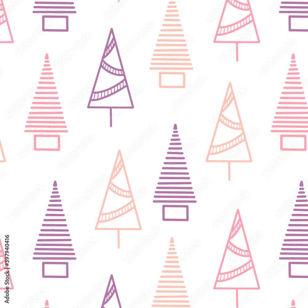 Triangle Christmas trees seamless pattern violet yellow orange pink modern flat design. Fir pine graphic design element vector illustration for printed materials leaflets posters, business cards web Triangle Christmas trees seamless pattern violet yellow orange pink modern flat design. Fir pine graphic design element vector illustration for printed materials leaflets posters, business cards web