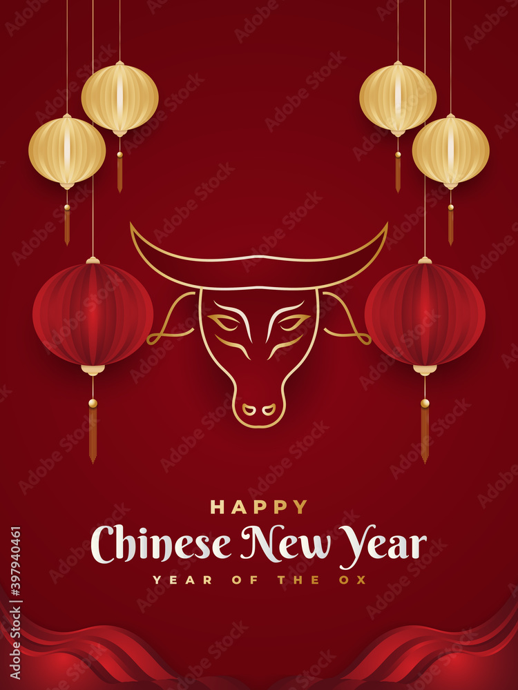 Happy Chinese New Year 2021 year of the ox. Chinese greeting card decorated with ox head and lanterns on red paper background