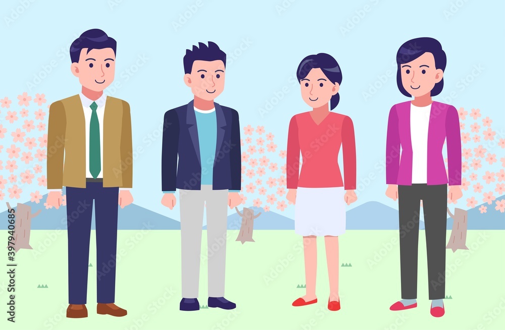 Four men and women in front of the cherry blossoms