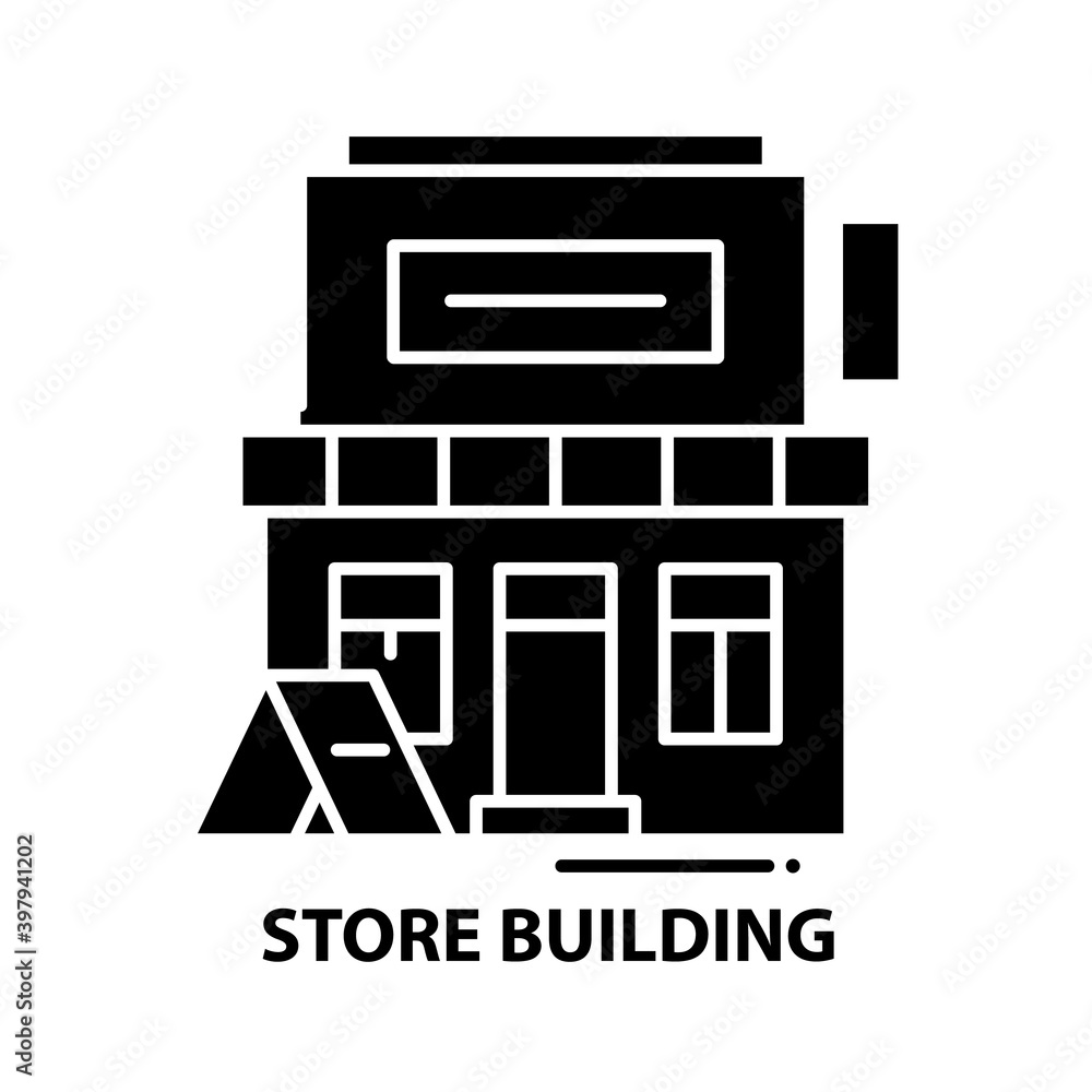 store building icon, black vector sign with editable strokes, concept illustration store building icon, black vector sign with editable strokes, concept illustration