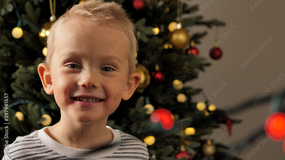 Portrait of little boy, christmas tree in the background Portrait of little boy, christmas tree in the background